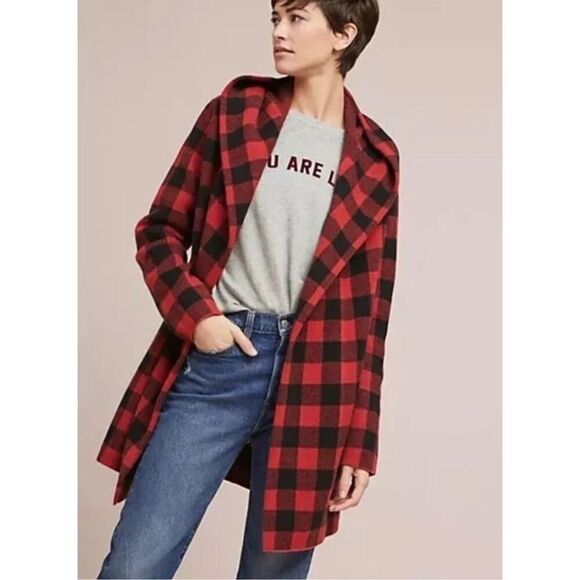 Anthropologie Jackets & Blazers - Anthropologie SMALL Field‎ Flower Buffalo Plaid Cardigan Sweater Coat Jacket Red